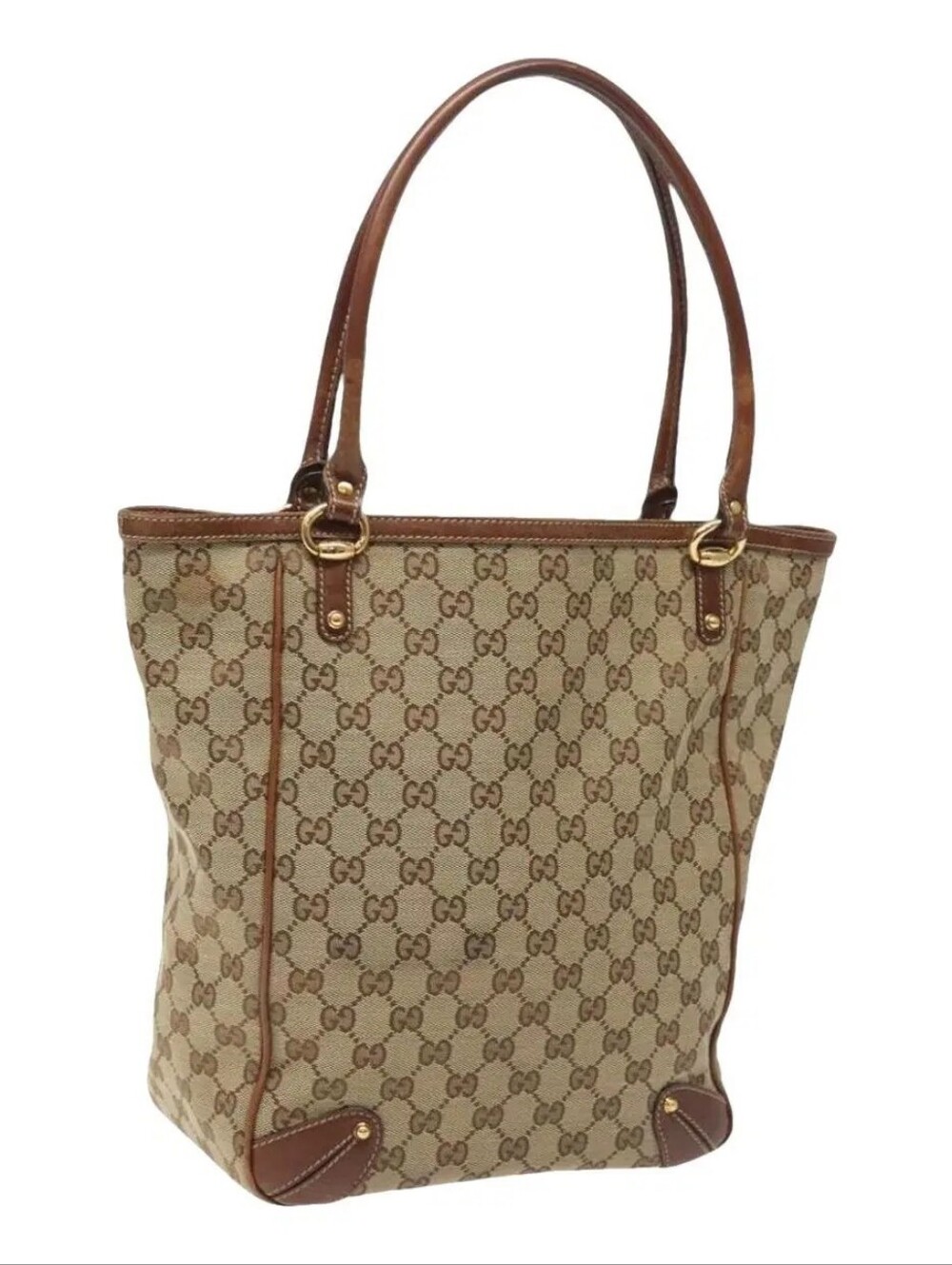 Gucci Beige GG Canvas Tote with Brown Leather Trim